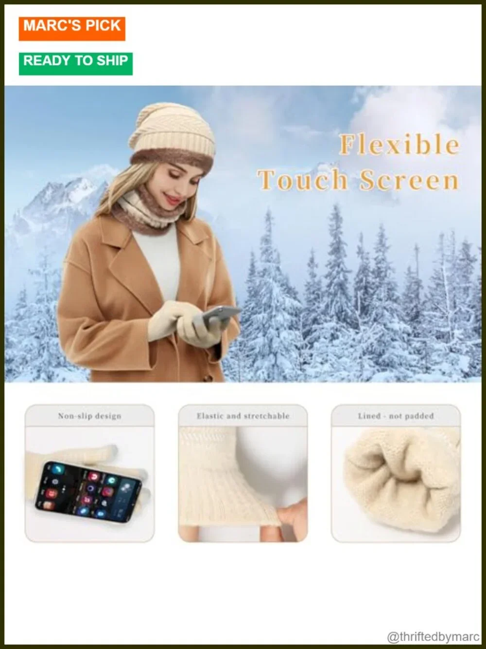 Winter Beanie Hat with Scarf and Touchscreen Gloves Set 3-Piece Fleece Lined
